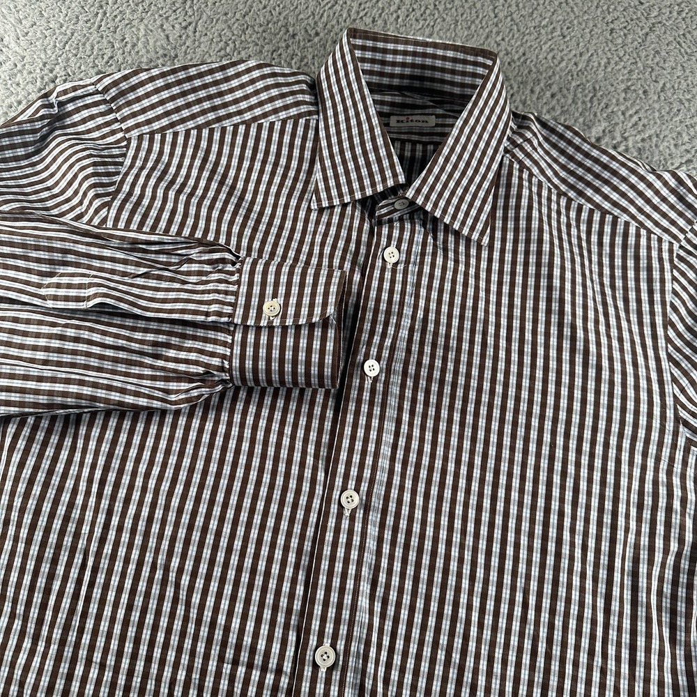 Kiton Shirt Mens 18 Brown Check Cotton Long Sleeve Button Up Italy Point Collar